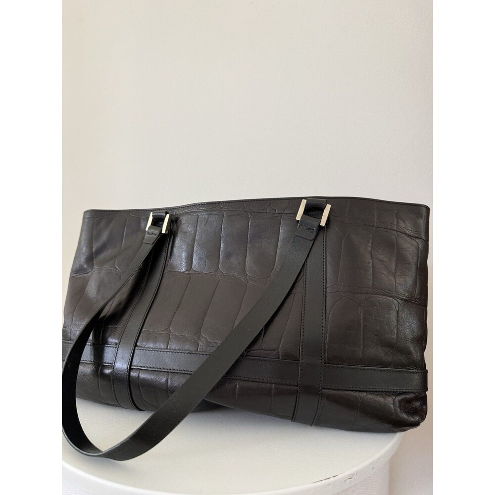 FALOR Italy Genuine Leather Black Croc Embossed Large Tote Shoulder Bag